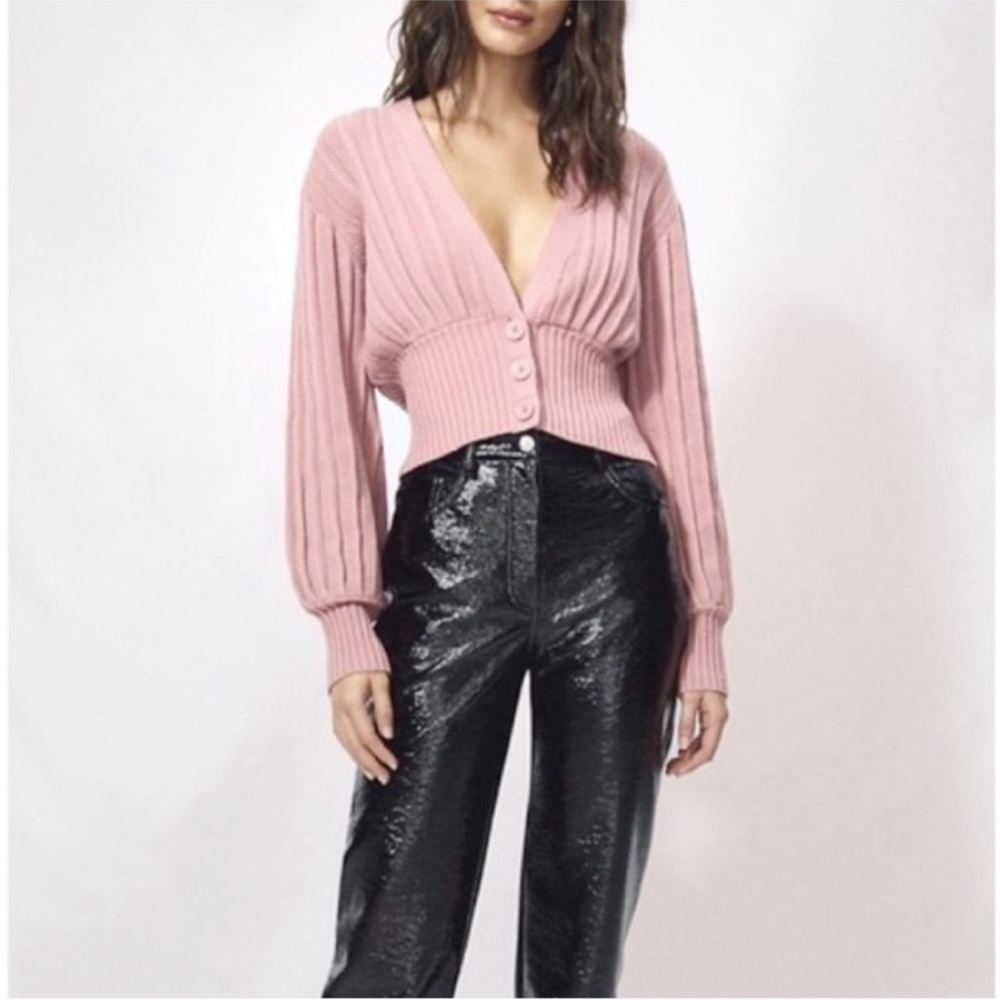 Aritzia Pink Ribbed V-Neck Cropped Cardigan
